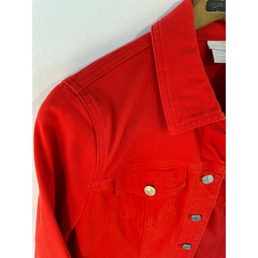 Chico's Denim Jacket Frayed Hem Button Front Women's M Red Excellent - Picture 5 of 7
